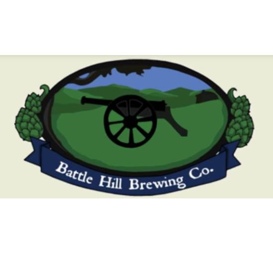Battle hill brewing logo scene of a lush green mountain blue skies in an outlined black oval inseide has a cannon, and the outside of oval has green hops graphics