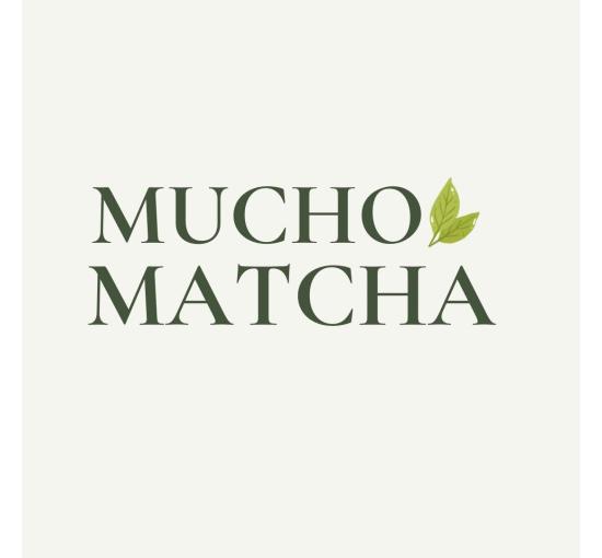 Mucho Matcha logo, a Capital Region mobile matcha cart, in dark green serif lettering with a tea leaf graphic