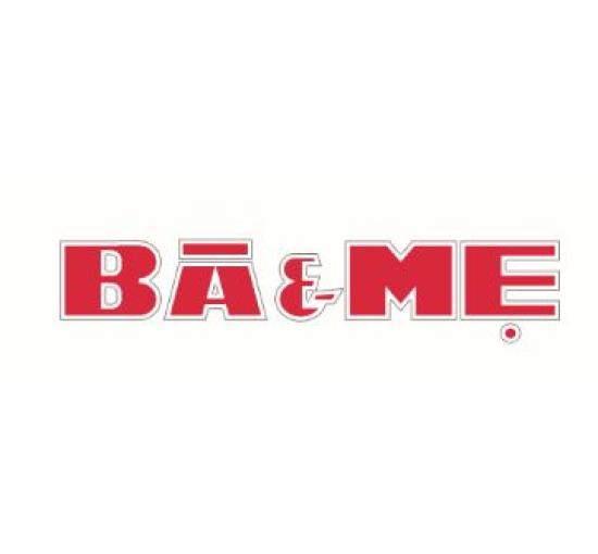 ba and me logo in red letter font