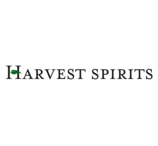 Harvest spirits logo white background with black lettering and a green feather above the h