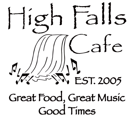 High falls logo in black font white background with a drawn image of water falling with music notes at the bottom