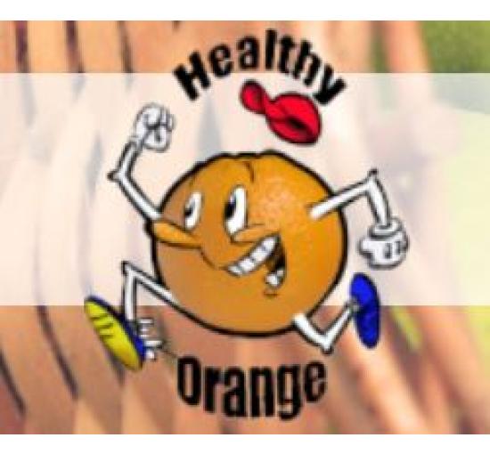Orange with legs and arm logo