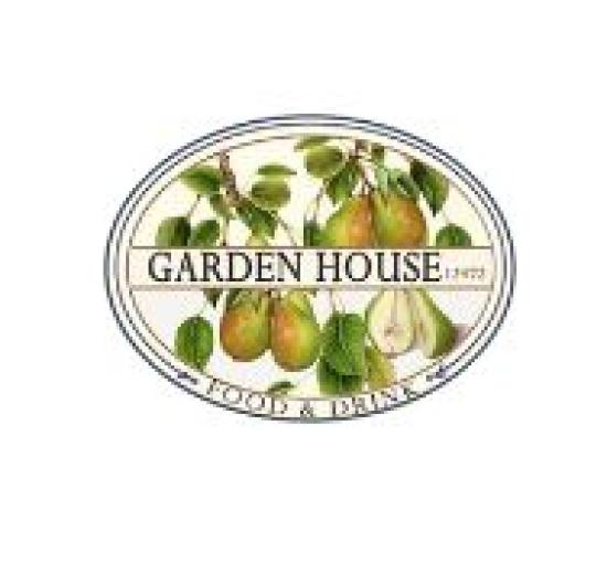 white background with oval pear tree with garden house in black font