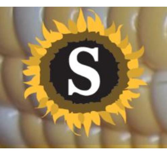 corn background with a sunflower and a white S in the middle