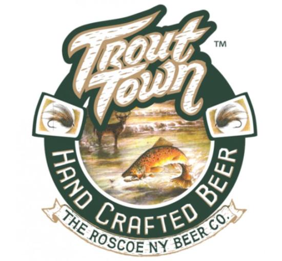 circle logo with trout town in beige font 