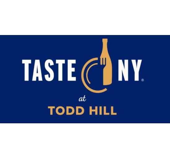 Navy blue background with white font logo with a gold circle and wine bottle
