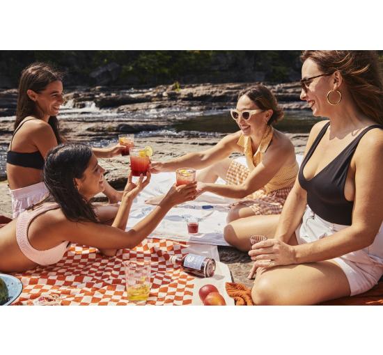 4 women sharing currant cassis at the picnic