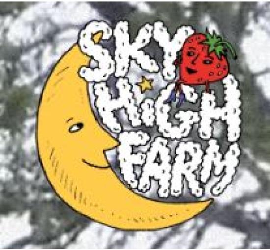 logo of a half moon with sky high farm in white like clouds with a strawberry on top