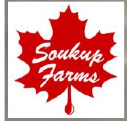 Logo maple leaf in red with Soukup farms in white in the leaf
