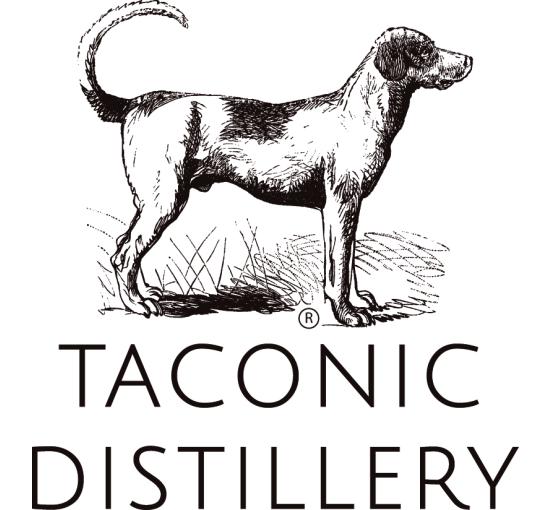 Logo taconic distillery black and white with image of a dog