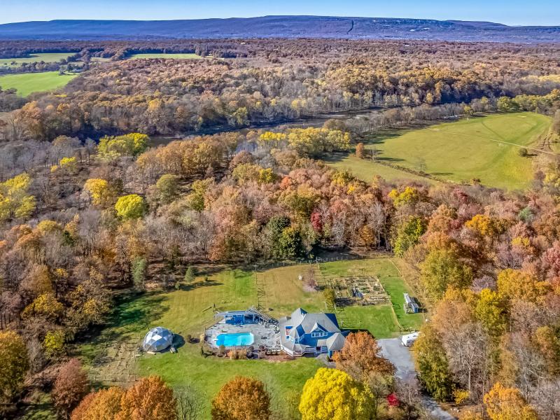 Aerial view of Little Logan's Farm in fall in the Hudson Valley