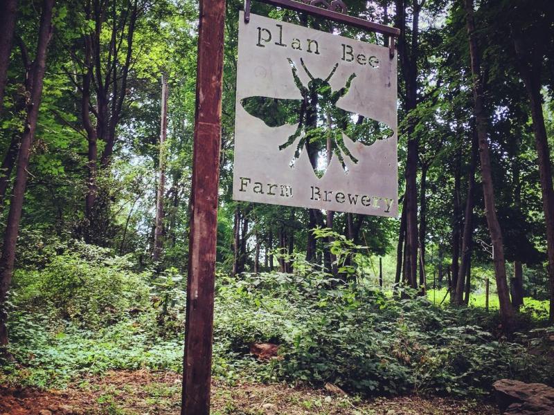 wood sign outside of our location with the logo of the bee