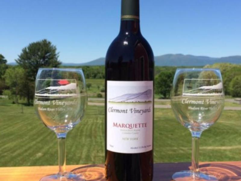 bottle of wine in the middle of 2 wine glasses outside on a table