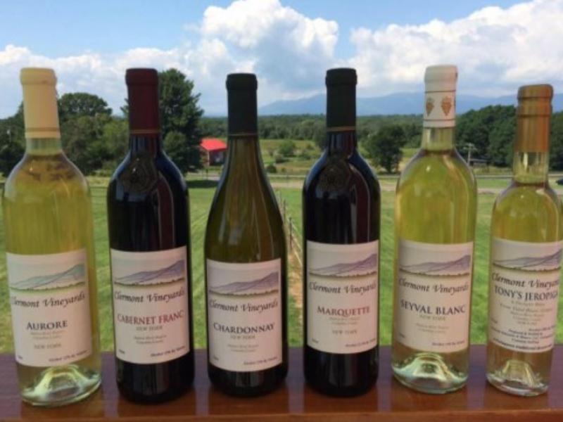 6 bottles of wine on a table outside