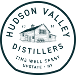 Logo circle with words around in black font with a drawing of the distillery
