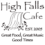 High falls logo in black font white background with a drawn image of water falling with music notes at the bottom