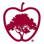 outline of an apple in the color maroon with a tree drawn in the middle
