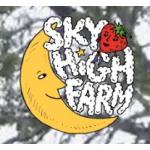 logo of a half moon with sky high farm in white like clouds with a strawberry on top