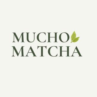 Mucho Matcha logo, a Capital Region mobile matcha cart, in dark green serif lettering with a tea leaf graphic