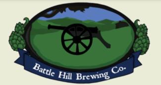 Battle hill brewing logo scene of a lush green mountain blue skies in an outlined black oval inseide has a cannon, and the outside of oval has green hops graphics