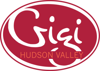 oval shaped deep red logo with white font