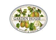 white background with oval pear tree with garden house in black font