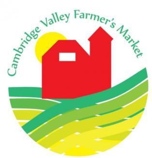 Circle logo white background with a red barn and yellow sun behind barn and swirly grass