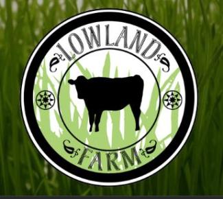 green grass background circle logo with cow in middle then a smaller circle with black font