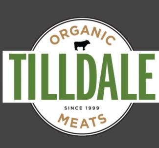 logo green font tilldale with the word organic above in brown with a cow and meants below in brown and words say since 1999
