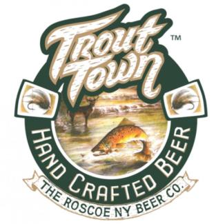 circle logo with trout town in beige font 