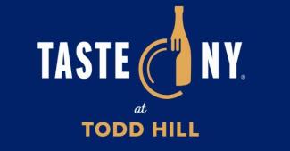 Navy blue background with white font logo with a gold circle and wine bottle