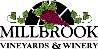 Millbrook Vineyards and Winery logo black, white, purple, with grapes