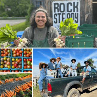 Team member holding bunches of hakurei turnips, Rock Steady Team dressed up as denim cowboys, cherry tomatoes, and bunched carrots