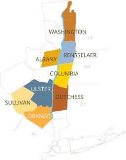Map of counties we work with: Sullivan, Orange, Ulster, Dutchess, Columbia, Albany, Rensselaer, Washington